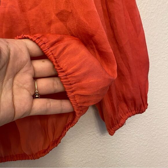 Zara Basic coral orange V-neck silky long sleeve blouse top elastic hemline-S - Picture 7 of 7